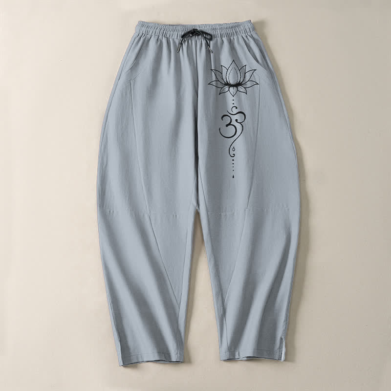 Buddha Stones Pantalones de hombre de algodón puro con estampado Lotus Om, cordón ajustable y corte cónico, con bolsillos. - image 13