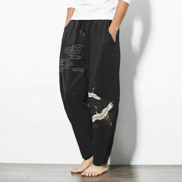 Buddha Stones Pantalones de hombre de algodón puro con estampado de grullas y nubes, corte ajustado, cordón y bolsillos. - image 1