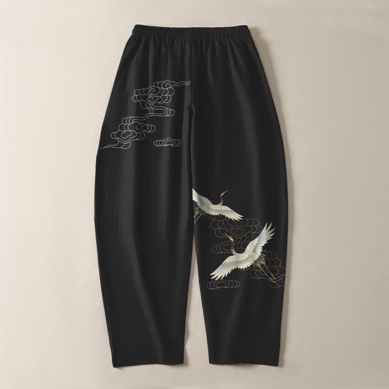 Buddha Stones Pantalones de hombre de algodón puro con estampado de grullas y nubes, corte ajustado, cordón y bolsillos. - image 3