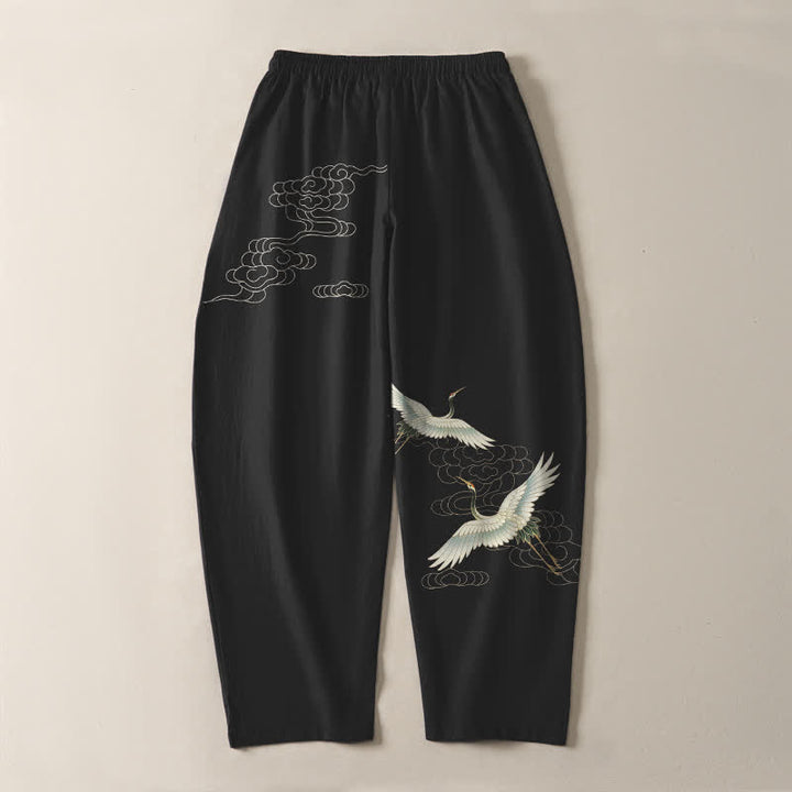 Buddha Stones Pantalones de hombre de algodón puro con estampado de grullas y nubes, corte ajustado, cordón y bolsillos. - image 3