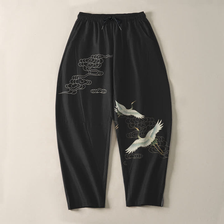 Buddha Stones Pantalones de hombre de algodón puro con estampado de grullas y nubes, corte ajustado, cordón y bolsillos. - image 2