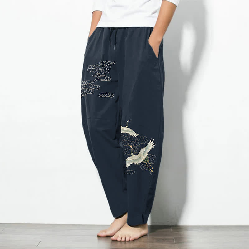 Buddha Stones Pantalones de hombre de algodón puro con estampado de grullas y nubes, corte ajustado, cordón y bolsillos. - image 8