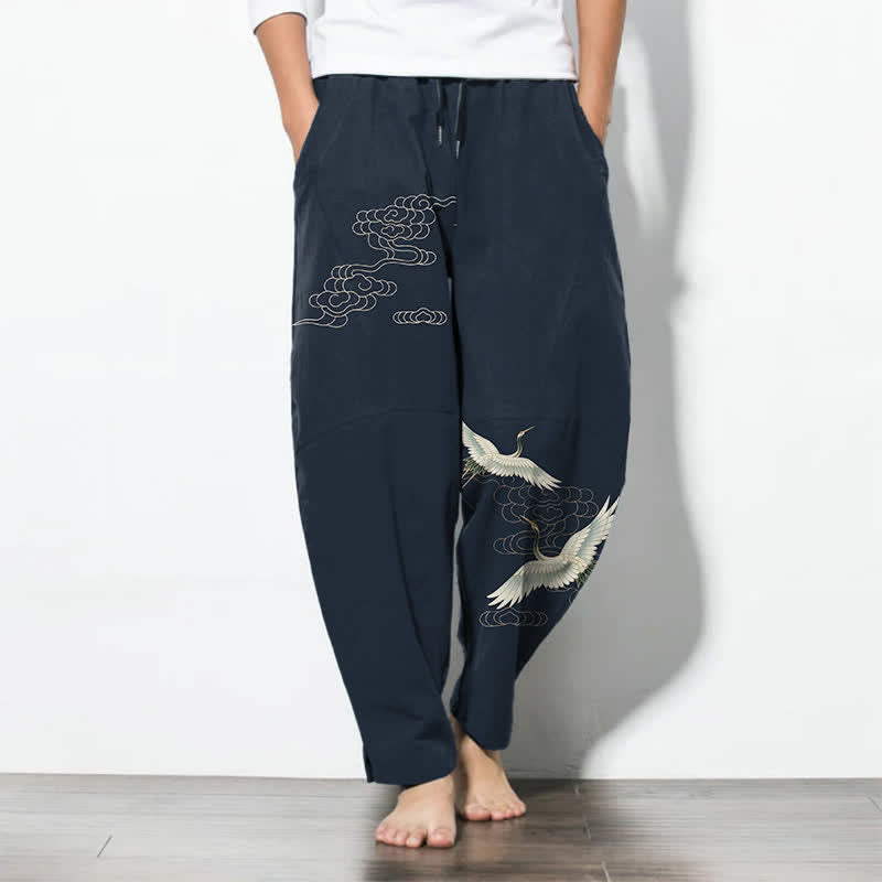 Buddha Stones Pantalones de hombre de algodón puro con estampado de grullas y nubes, corte ajustado, cordón y bolsillos. - Marina de guerra - US/UK/AU50, EU60 (5XL) - image 7