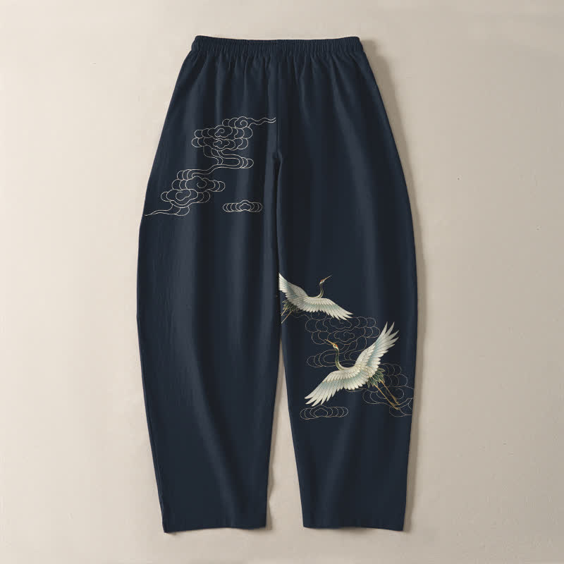Buddha Stones Pantalones de hombre de algodón puro con estampado de grullas y nubes, corte ajustado, cordón y bolsillos. - image 10