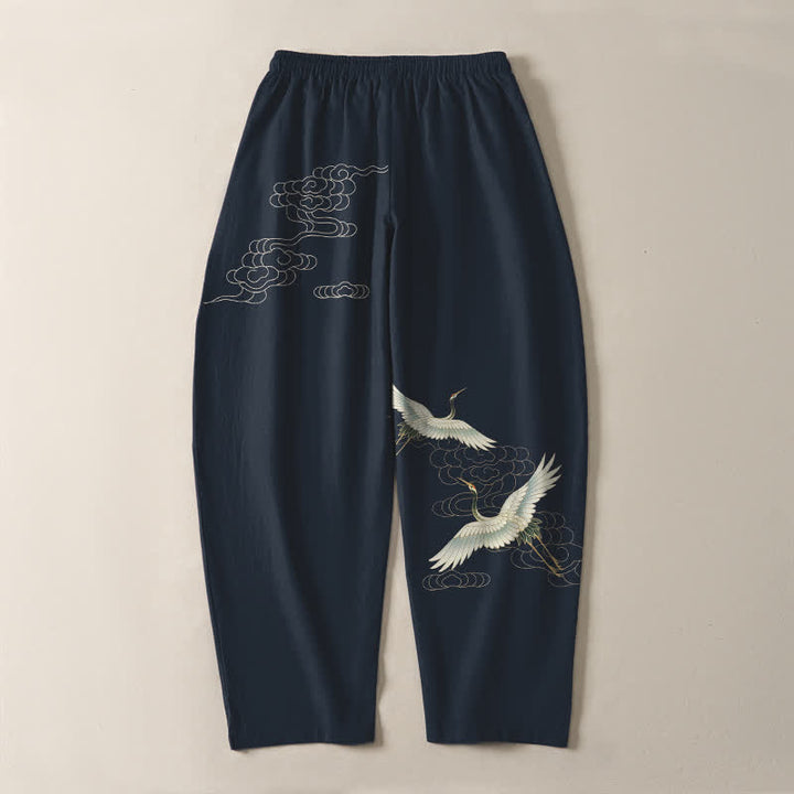 Buddha Stones Pantalones de hombre de algodón puro con estampado de grullas y nubes, corte ajustado, cordón y bolsillos. - image 10