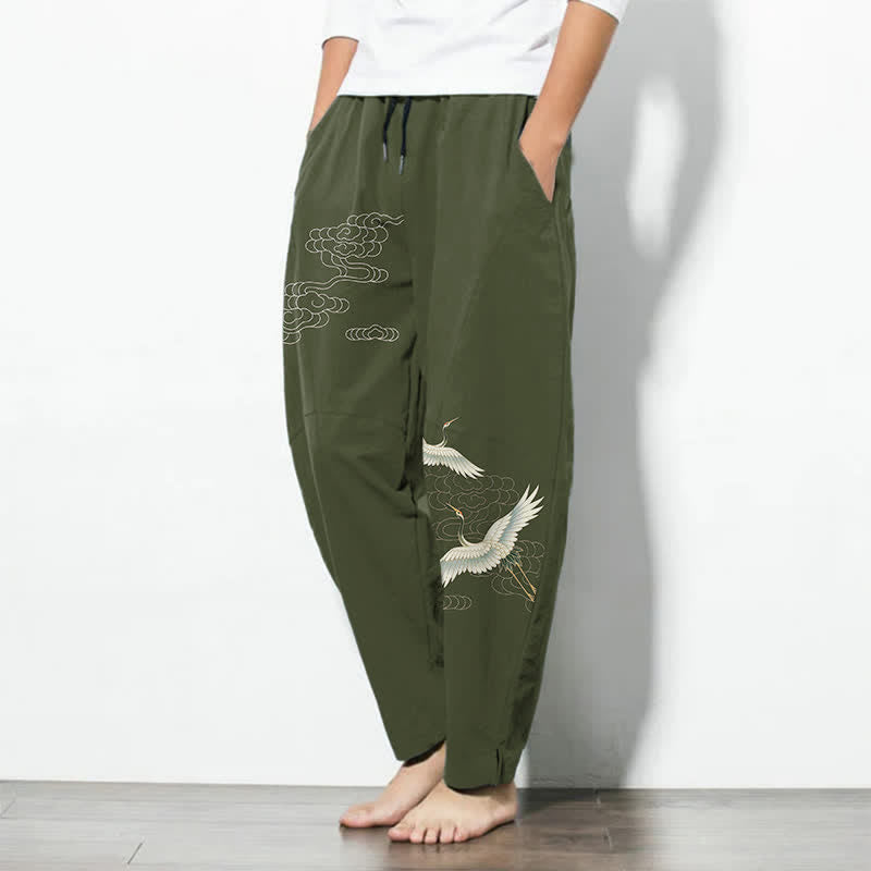 Buddha Stones Pantalones de hombre de algodón puro con estampado de grullas y nubes, corte ajustado, cordón y bolsillos. - image 12