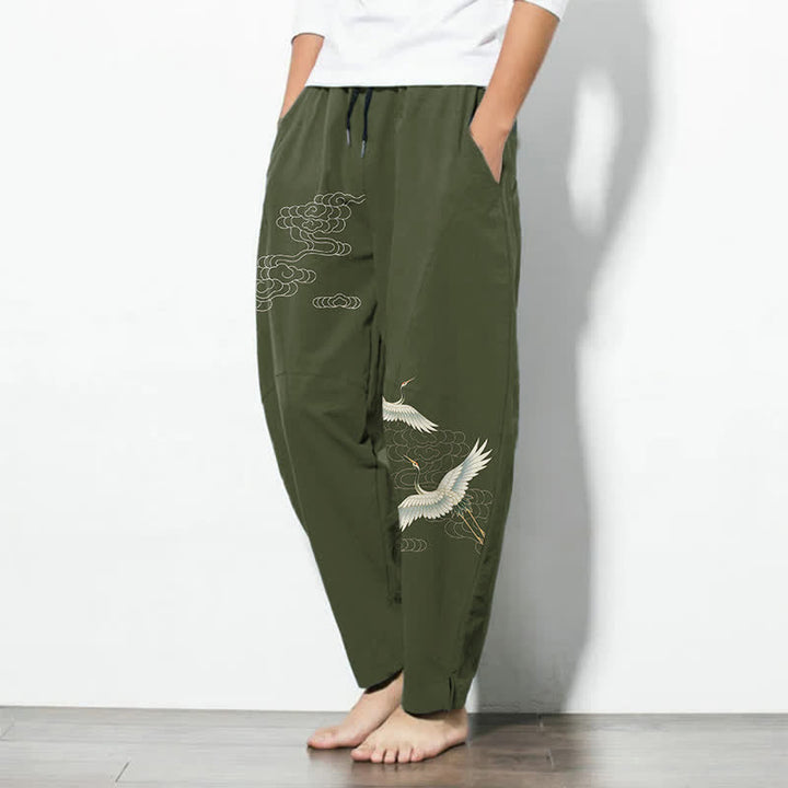 Buddha Stones Pantalones de hombre de algodón puro con estampado de grullas y nubes, corte ajustado, cordón y bolsillos. - image 12