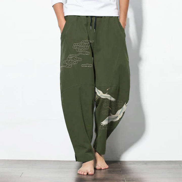 Buddha Stones Pantalones de hombre de algodón puro con estampado de grullas y nubes, corte ajustado, cordón y bolsillos. - Verde oliva oscuro - US/UK/AU50, EU60 (5XL) - image 11