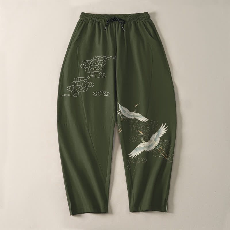 Buddha Stones Pantalones de hombre de algodón puro con estampado de grullas y nubes, corte ajustado, cordón y bolsillos. - image 13