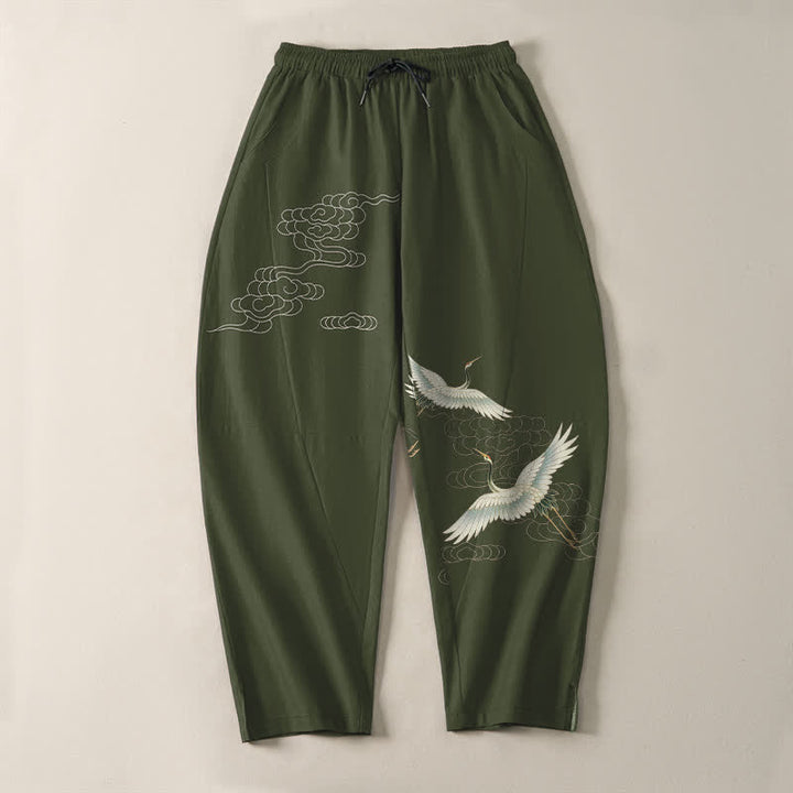 Buddha Stones Pantalones de hombre de algodón puro con estampado de grullas y nubes, corte ajustado, cordón y bolsillos. - image 13
