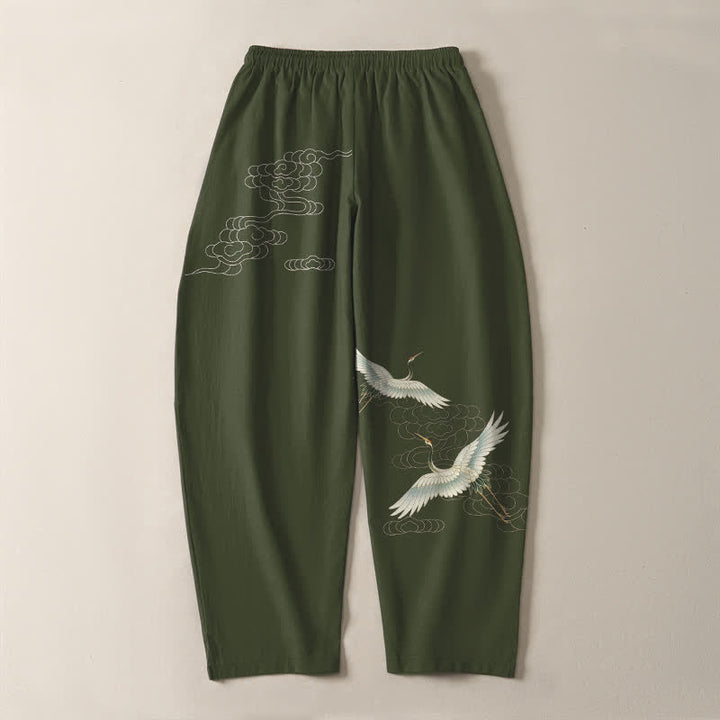 Buddha Stones Pantalones de hombre de algodón puro con estampado de grullas y nubes, corte ajustado, cordón y bolsillos. - image 14