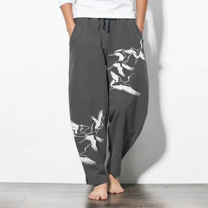 Buddha Stones Pantalones de hombre de algodón puro con estampado de grullas voladoras, cordón ajustable y corte cónico, con bolsillos. - Gris oscuro - US/UK/AU50, EU60 (5XL) - image 7