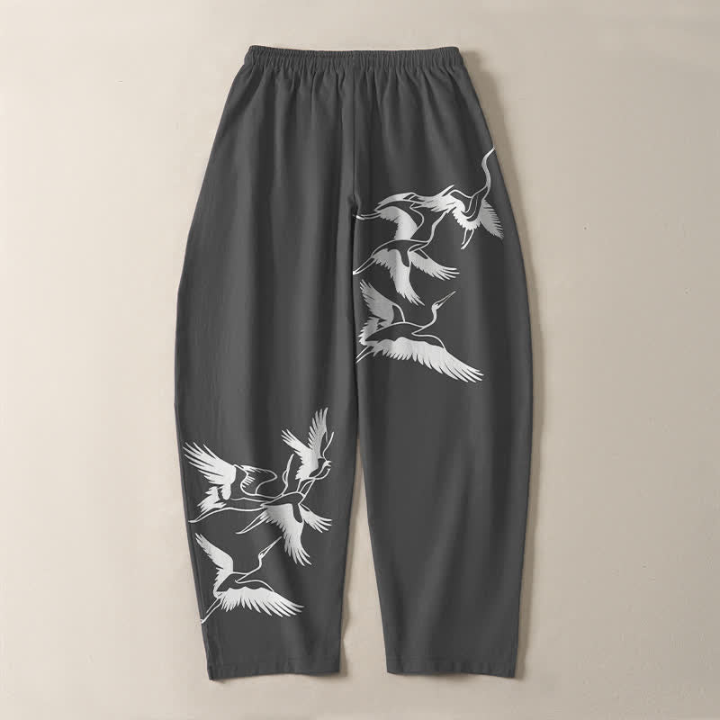 Buddha Stones Pantalones de hombre de algodón puro con estampado de grullas voladoras, cordón ajustable y corte cónico, con bolsillos. - image 10