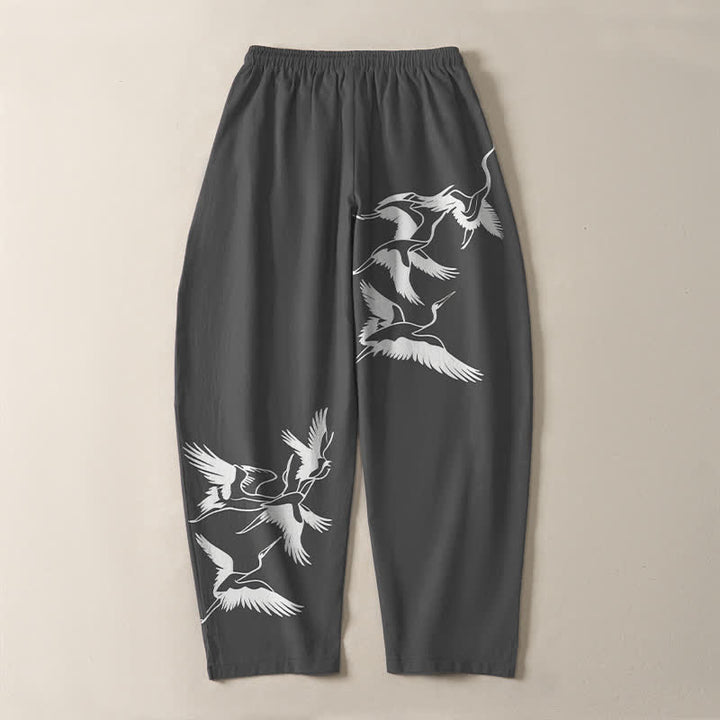Buddha Stones Pantalones de hombre de algodón puro con estampado de grullas voladoras, cordón ajustable y corte cónico, con bolsillos. - image 10
