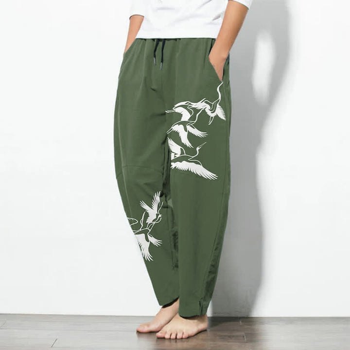 Buddha Stones Pantalones de hombre de algodón puro con estampado de grullas voladoras, cordón ajustable y corte cónico, con bolsillos. - image 12