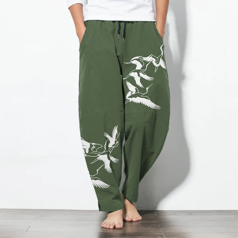 Buddha Stones Pantalones de hombre de algodón puro con estampado de grullas voladoras, cordón ajustable y corte cónico, con bolsillos. - Verde oliva oscuro - US/UK/AU50, EU60 (5XL) - image 11