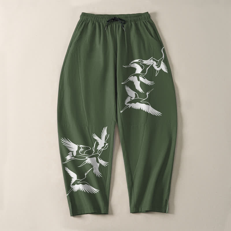 Buddha Stones Pantalones de hombre de algodón puro con estampado de grullas voladoras, cordón ajustable y corte cónico, con bolsillos. - image 13