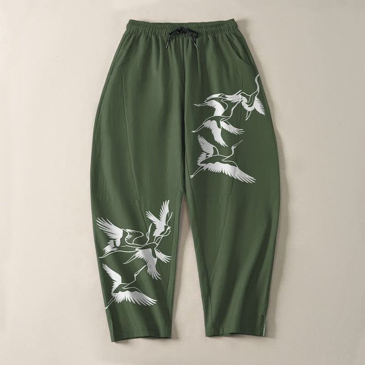 Buddha Stones Pantalones de hombre de algodón puro con estampado de grullas voladoras, cordón ajustable y corte cónico, con bolsillos. - image 13