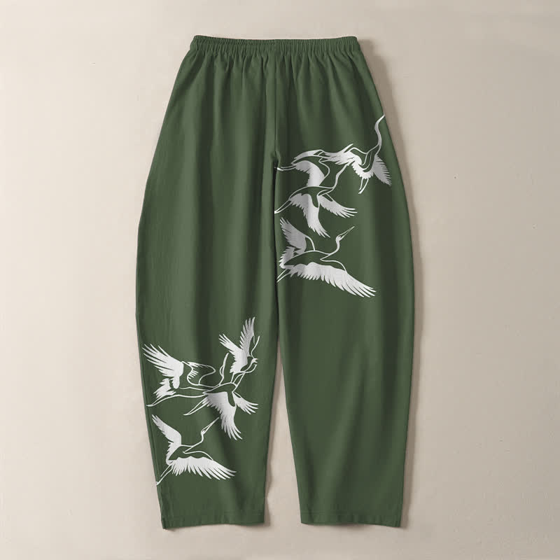 Buddha Stones Pantalones de hombre de algodón puro con estampado de grullas voladoras, cordón ajustable y corte cónico, con bolsillos. - image 14