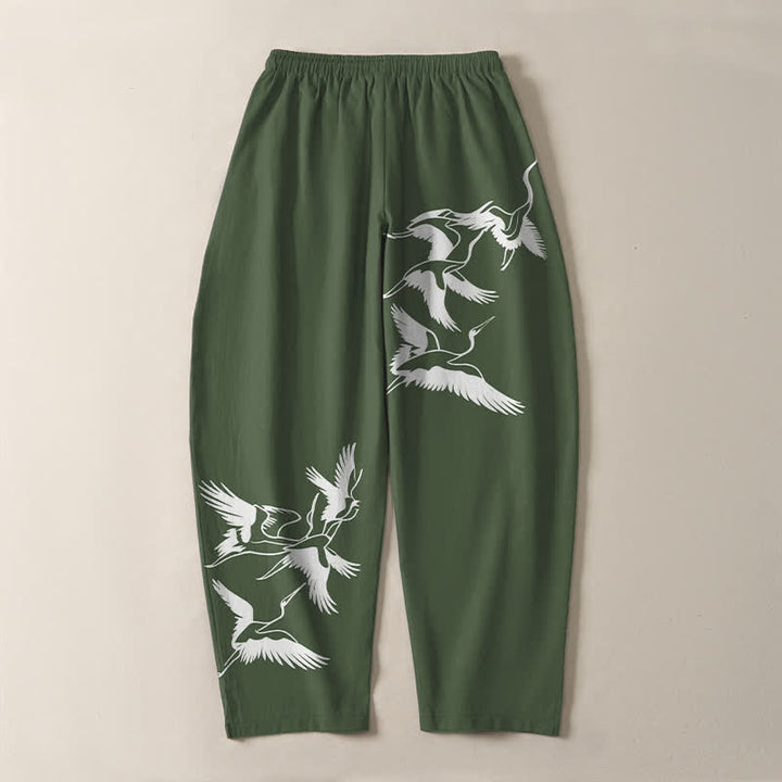 Buddha Stones Pantalones de hombre de algodón puro con estampado de grullas voladoras, cordón ajustable y corte cónico, con bolsillos. - image 14