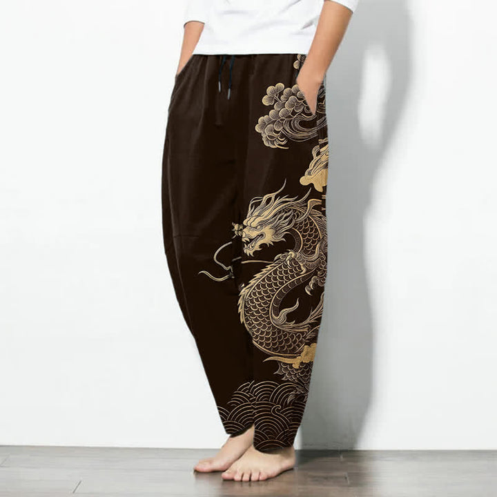 Buddha Stones Pantalones de hombre de algodón puro con estampado de nube y dragón dorado, cordón ajustable y corte cónico, con bolsillos. - image 1