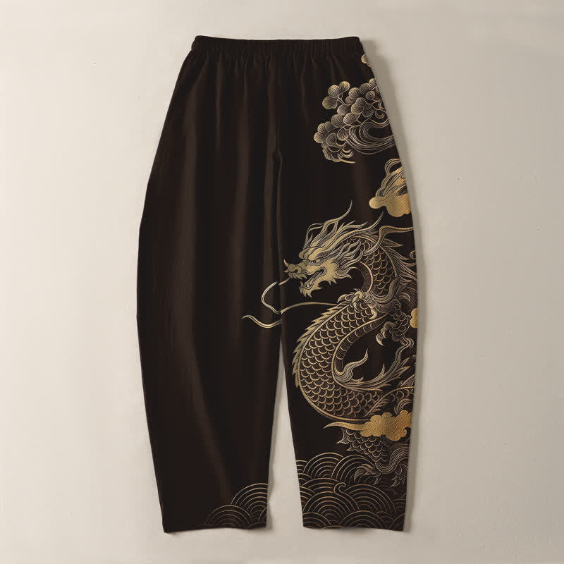 Buddha Stones Pantalones de hombre de algodón puro con estampado de nube y dragón dorado, cordón ajustable y corte cónico, con bolsillos. - image 2