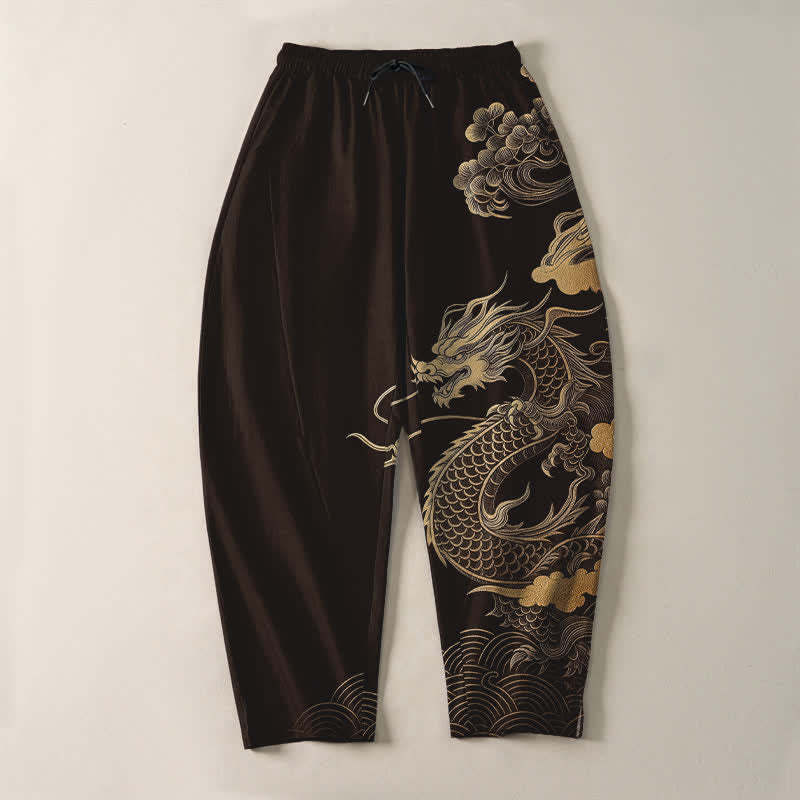 Buddha Stones Pantalones de hombre de algodón puro con estampado de nube y dragón dorado, cordón ajustable y corte cónico, con bolsillos. - image 3