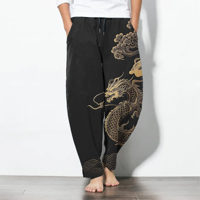 Buddha Stones Pantalones de hombre de algodón puro con estampado de nube y dragón dorado, cordón ajustable y corte cónico, con bolsillos. - Negro - US/UK/AU50, EU60 (5XL) - image 7