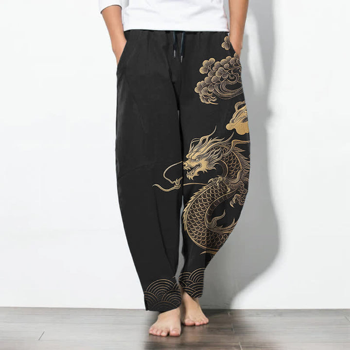 Buddha Stones Pantalones de hombre de algodón puro con estampado de nube y dragón dorado, cordón ajustable y corte cónico, con bolsillos. - Negro - US/UK/AU50, EU60 (5XL) - image 7