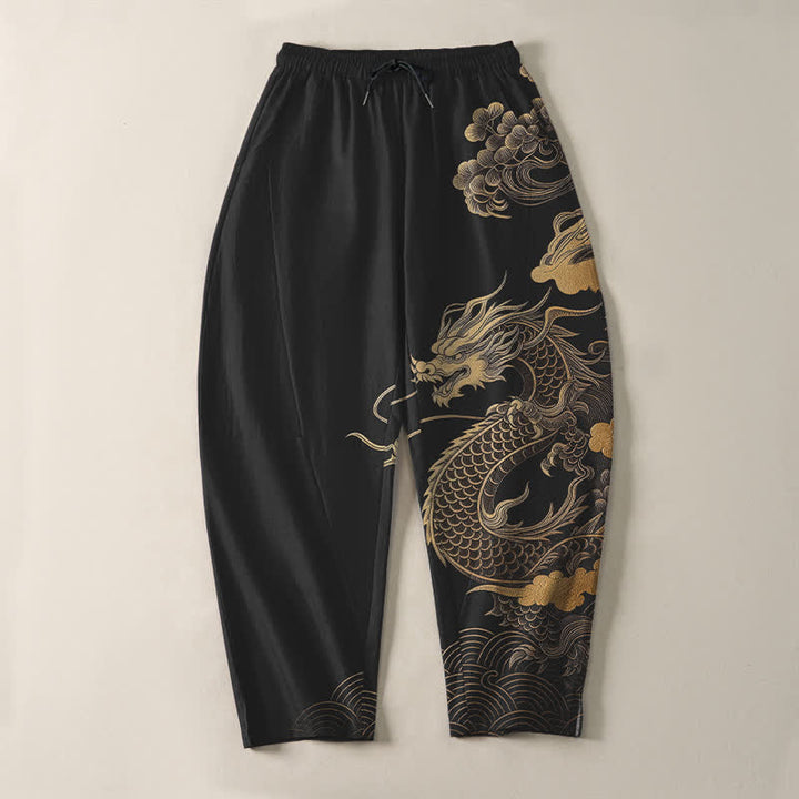 Buddha Stones Pantalones de hombre de algodón puro con estampado de nube y dragón dorado, cordón ajustable y corte cónico, con bolsillos. - image 9