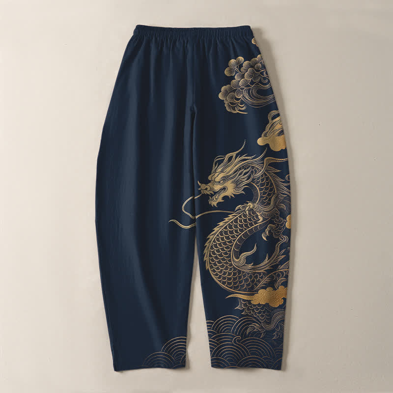 Buddha Stones Pantalones de hombre de algodón puro con estampado de nube y dragón dorado, cordón ajustable y corte cónico, con bolsillos. - image 14