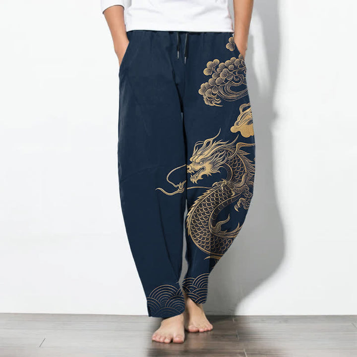 Buddha Stones Pantalones de hombre de algodón puro con estampado de nube y dragón dorado, cordón ajustable y corte cónico, con bolsillos. - Marina de guerra - US/UK/AU50, EU60 (5XL) - image 11