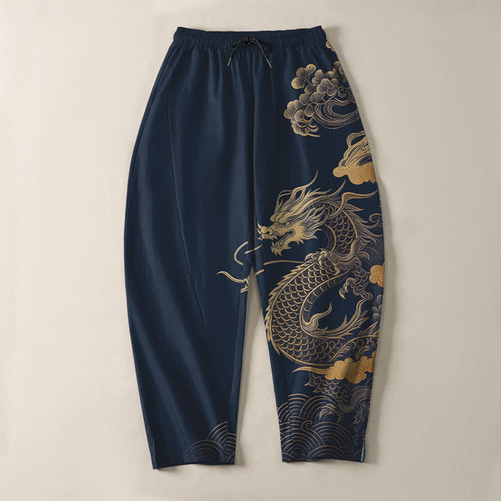 Buddha Stones Pantalones de hombre de algodón puro con estampado de nube y dragón dorado, cordón ajustable y corte cónico, con bolsillos. - image 13