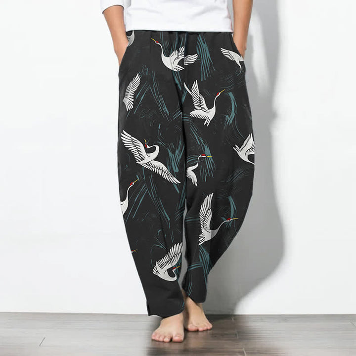 Buddha Stones Pantalones de hombre de algodón puro con estampado de grullas en blanco y negro, cordón ajustable y corte cónico, con bolsillos. - Negro - US/UK/AU50, EU60 (5XL) - image 0