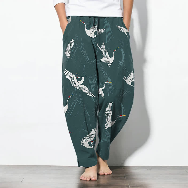 Buddha Stones Pantalones de hombre de algodón puro con estampado de grullas en blanco y negro, cordón ajustable y corte cónico, con bolsillos. - Azul cadete - US/UK/AU50, EU60 (5XL) - image 7