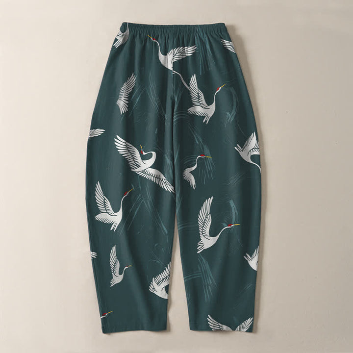 Buddha Stones Pantalones de hombre de algodón puro con estampado de grullas en blanco y negro, cordón ajustable y corte cónico, con bolsillos. - image 10