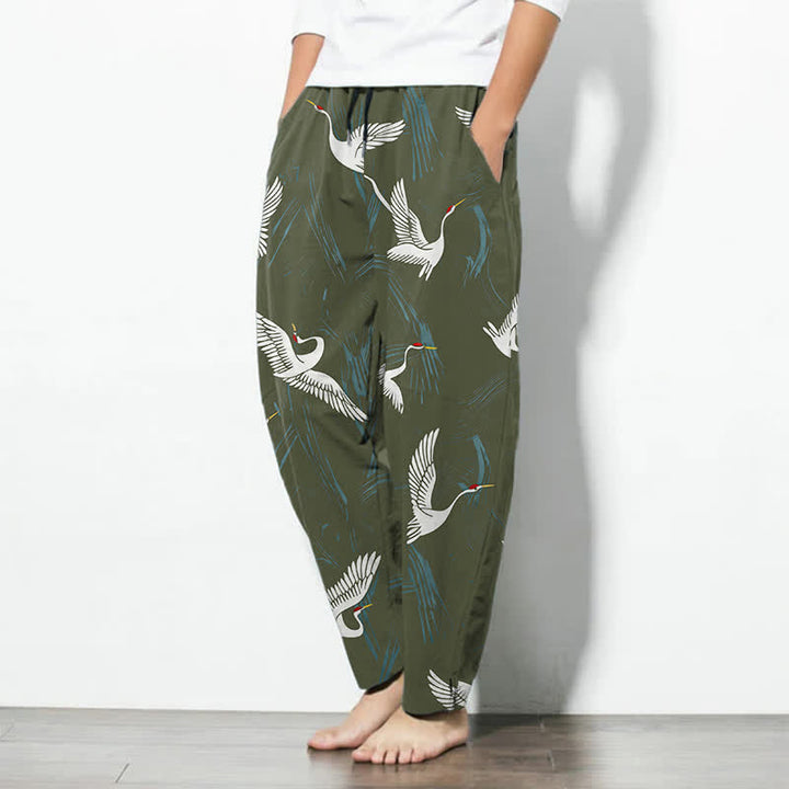 Buddha Stones Pantalones de hombre de algodón puro con estampado de grullas en blanco y negro, cordón ajustable y corte cónico, con bolsillos. - image 12