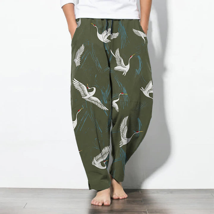 Buddha Stones Pantalones de hombre de algodón puro con estampado de grullas en blanco y negro, cordón ajustable y corte cónico, con bolsillos. - Verde oliva oscuro - US/UK/AU50, EU60 (5XL) - image 11
