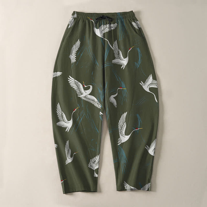 Buddha Stones Pantalones de hombre de algodón puro con estampado de grullas en blanco y negro, cordón ajustable y corte cónico, con bolsillos. - image 13