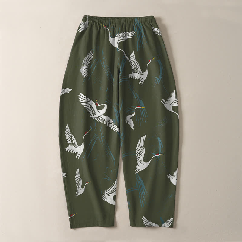 Buddha Stones Pantalones de hombre de algodón puro con estampado de grullas en blanco y negro, cordón ajustable y corte cónico, con bolsillos. - image 14