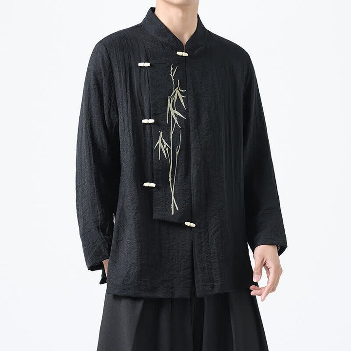 Buddha Stones Camisas de manga larga para hombre estilo Spring Tang vintage con cuello mandarín, botones de rana y bordado de bambú. - Negro - US/UK/AU46, EU56 (5XL) - image 5