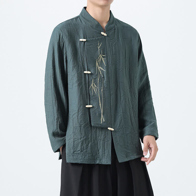Buddha Stones Camisas de manga larga para hombre estilo Spring Tang vintage con cuello mandarín, botones de rana y bordado de bambú. - image 1