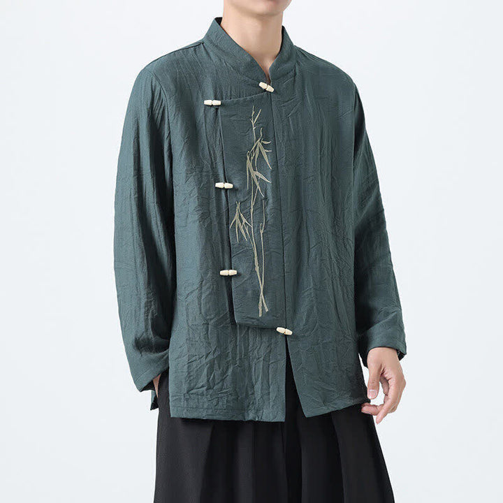 Buddha Stones Camisas de manga larga para hombre estilo Spring Tang vintage con cuello mandarín, botones de rana y bordado de bambú. - image 1