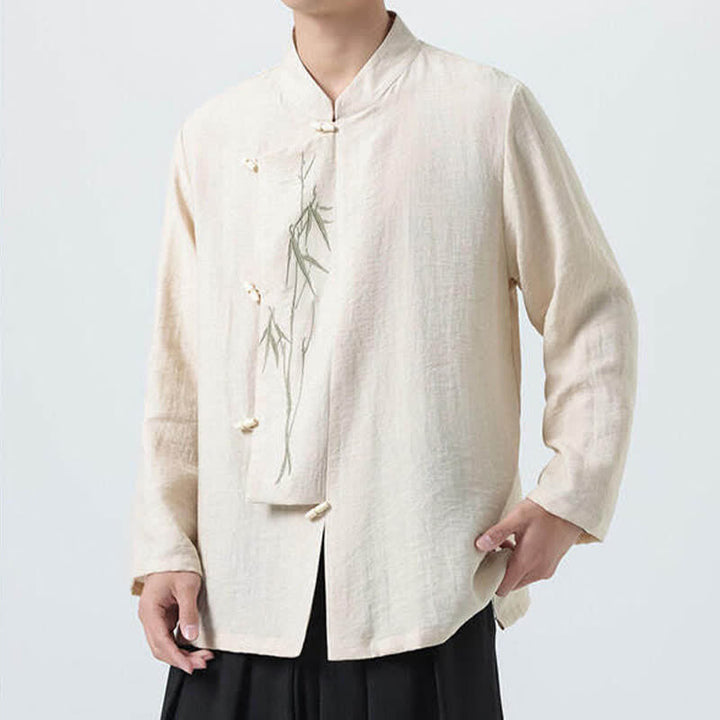 Buddha Stones Camisas de manga larga para hombre estilo Spring Tang vintage con cuello mandarín, botones de rana y bordado de bambú. - image 17