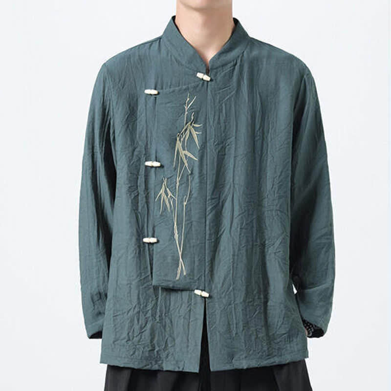 Buddha Stones Camisas de manga larga para hombre estilo Spring Tang vintage con cuello mandarín, botones de rana y bordado de bambú. - image 3