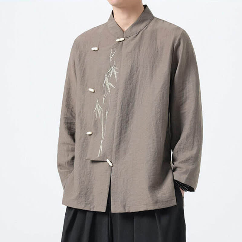 Buddha Stones Camisas de manga larga para hombre estilo Spring Tang vintage con cuello mandarín, botones de rana y bordado de bambú. - image 15