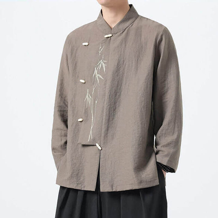 Buddha Stones Camisas de manga larga para hombre estilo Spring Tang vintage con cuello mandarín, botones de rana y bordado de bambú. - image 15