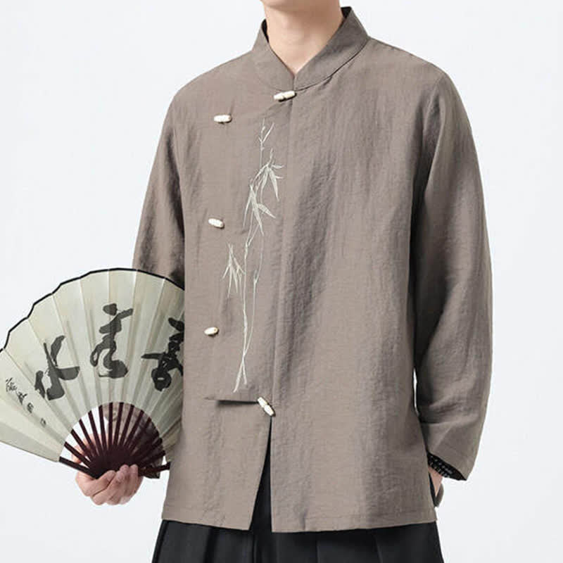 Buddha Stones Camisas de manga larga para hombre estilo Spring Tang vintage con cuello mandarín, botones de rana y bordado de bambú. - image 12