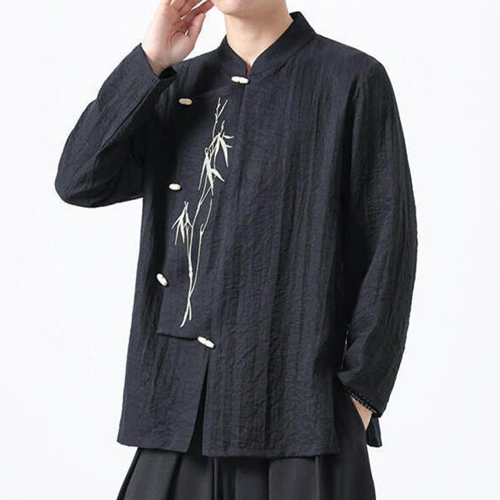 Buddha Stones Camisas de manga larga para hombre estilo Spring Tang vintage con cuello mandarín, botones de rana y bordado de bambú. - image 10