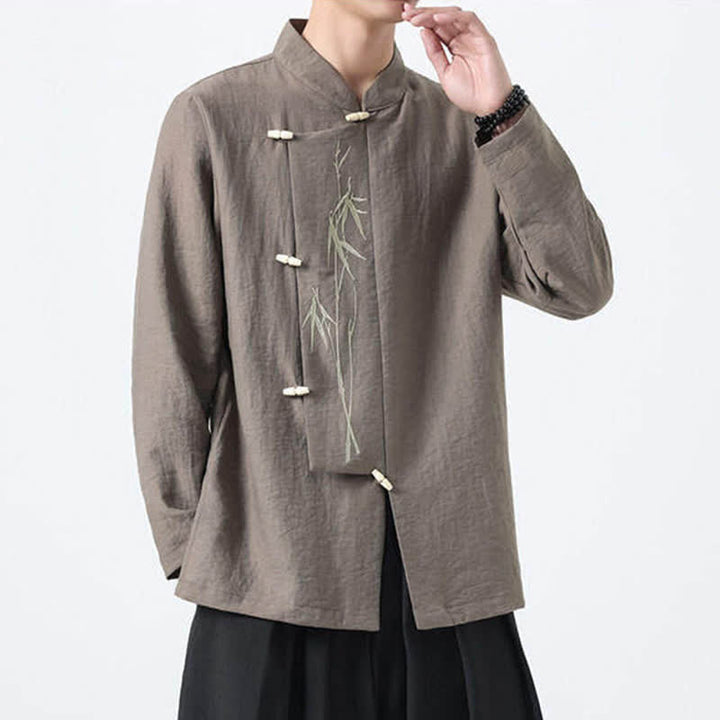 Buddha Stones Camisas de manga larga para hombre estilo Spring Tang vintage con cuello mandarín, botones de rana y bordado de bambú. - image 14
